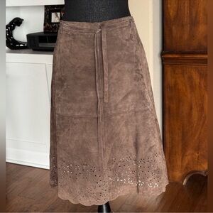 Isaac Mizrahi Brown Suede Floral Eyelet Midi Length Belted Skirt Women's 10